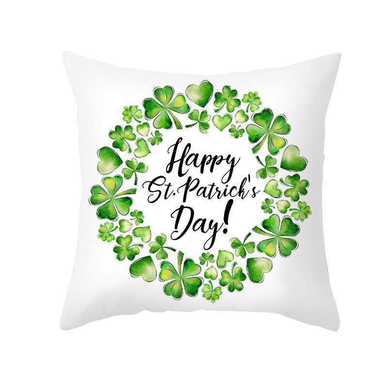 St. Patrick's Day Pillow Case Green Four-leaf Clover National Day Peach Skin Print Pillow Gift