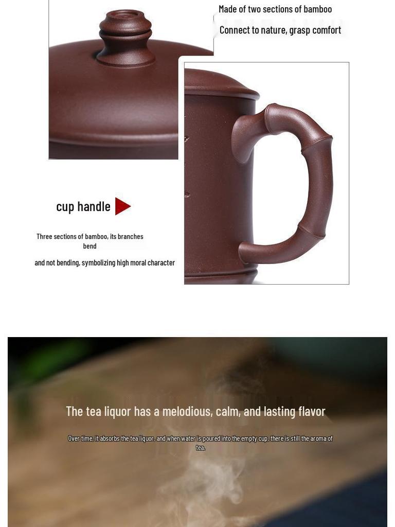 Yixing Handmade Purple Clay Tea Cup with Lid, Large Capacity, Bamboo Design