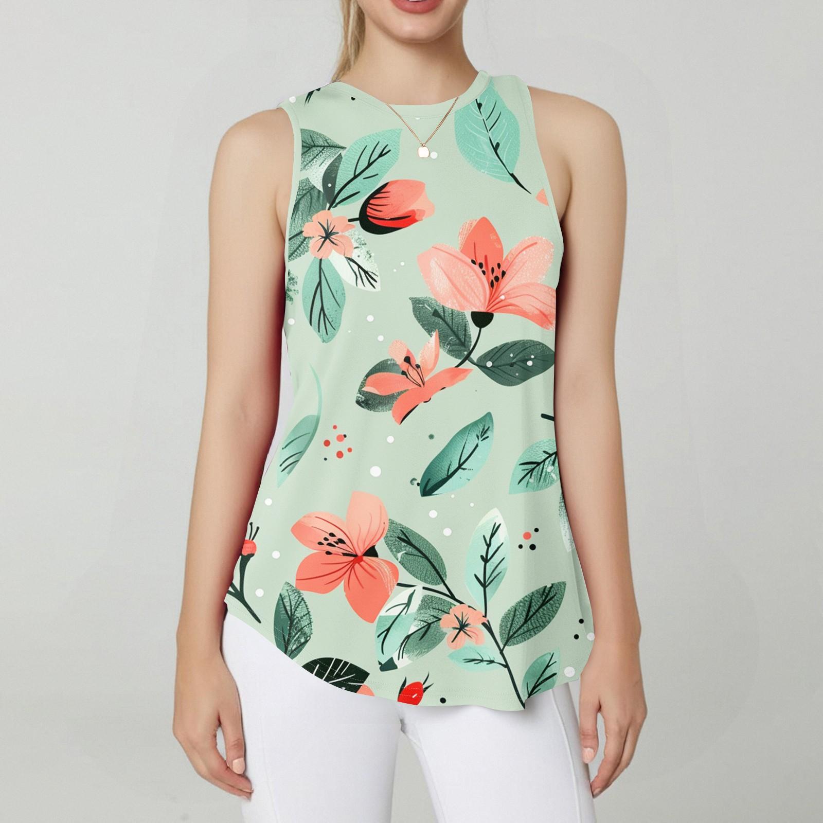 

Женская круглая горловина с ретро-цветочным принтом жилет универсальный свободный подол без рукавов футболка топ L