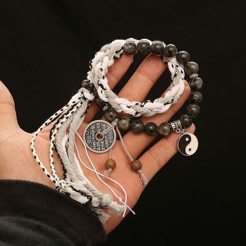 Handmade Braided Bracelets For Women Men Chinese Yin-Yang Peace Charm Double Layer Stackable Bead Bangle Adjustable Jewellery