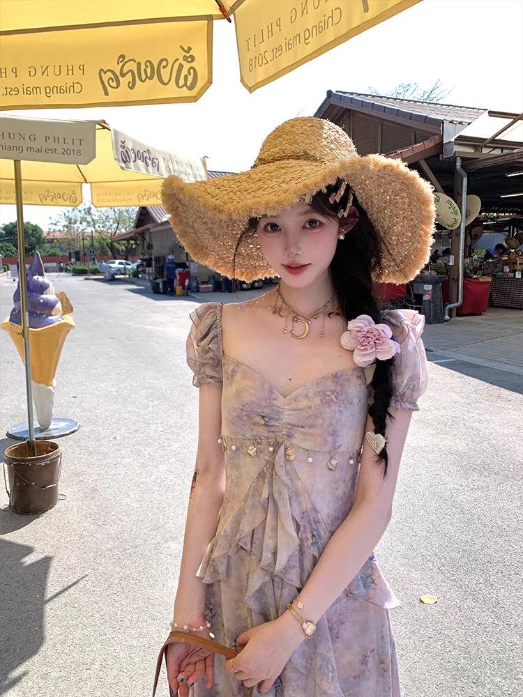 Super fairy elegant holiday dress niche French floral lotus leaf edge skirt summer smudging temperament showing thin long dress