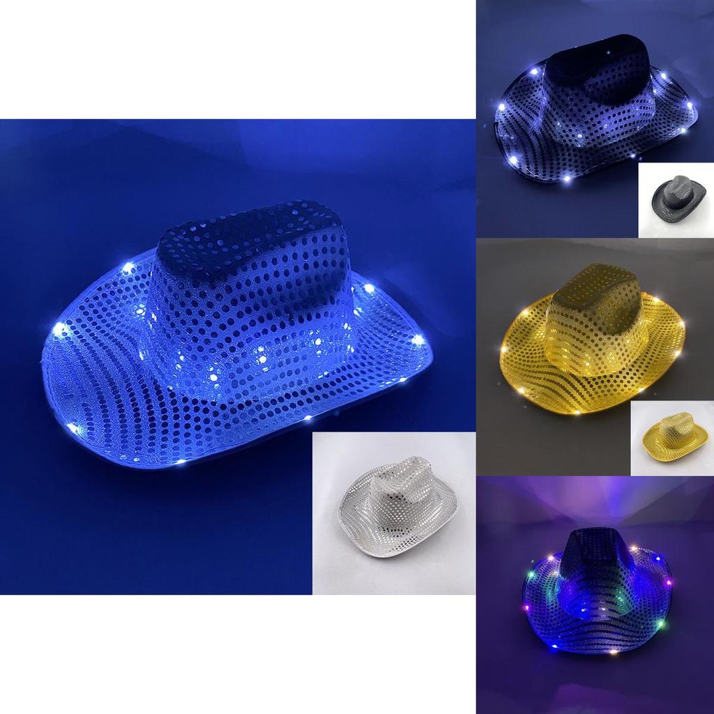 Four Color Led Light Up Western Cowboy Hat With Sequin Pattern For Party Cosplay Stage Performance