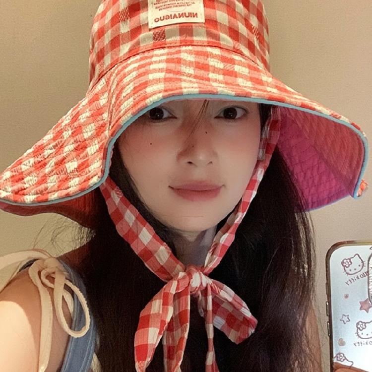 Fashionable Reversible Plaids Sun Hat Oversized Brims Fisherman Cap For Outdoor Activity Beach Trip And Street Headwear