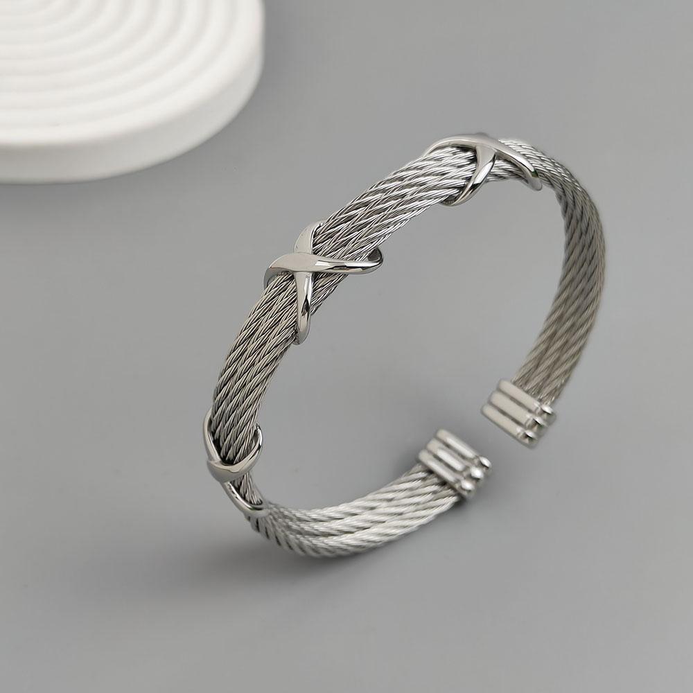 Stainless Steel Letter X Inlaid Zirconium Twist Rope Steel Wire Rope Opening Bracelet Women's Cable Bracelet Party Daily Jewelry