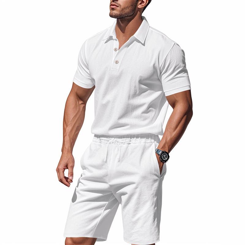 Men's Summer Lapel Button-Up Breathable Linen Polo Shirt & Casual Short Set