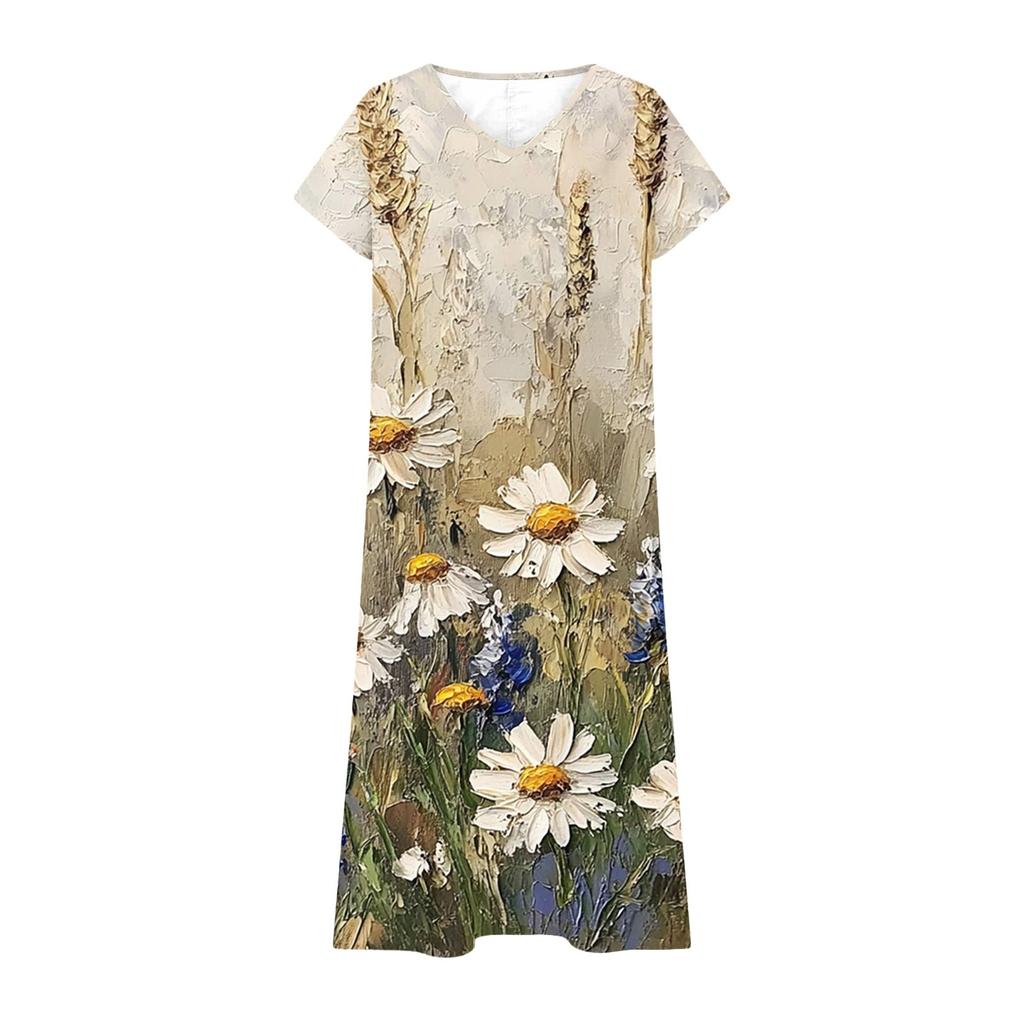 Fashion Women's Summer V-neck Short Sleeve Cotton And Linen Vintage Floral Print Beach Dress