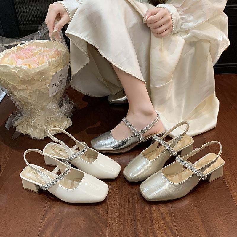 Fashion Elegant Rhinestone Strap Square - Toe Sandals | French - Style Mid - Heel, Perfect for Date & Dressy Looks
