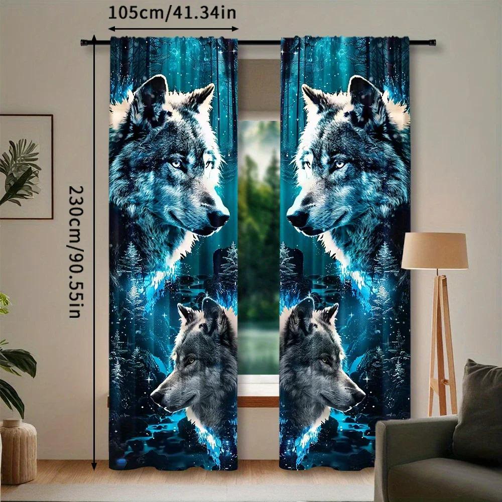 Set Of 2 Snow Wolf King Printed Curtains Pole Bag Home Decoration Room Curtain Polyester