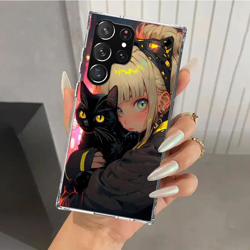 Anime Girls Cute Black Cat Phone Case for Samsung Galaxy S26 S24 S23 Ultra S25 Edge S22 S21 Plus S20 FE + Soft Print Shell Funda