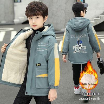 Boys' Winter 2025 Fleece-Lined Cotton Coat - Mid-Length, Thickened, Trendy Style for Children