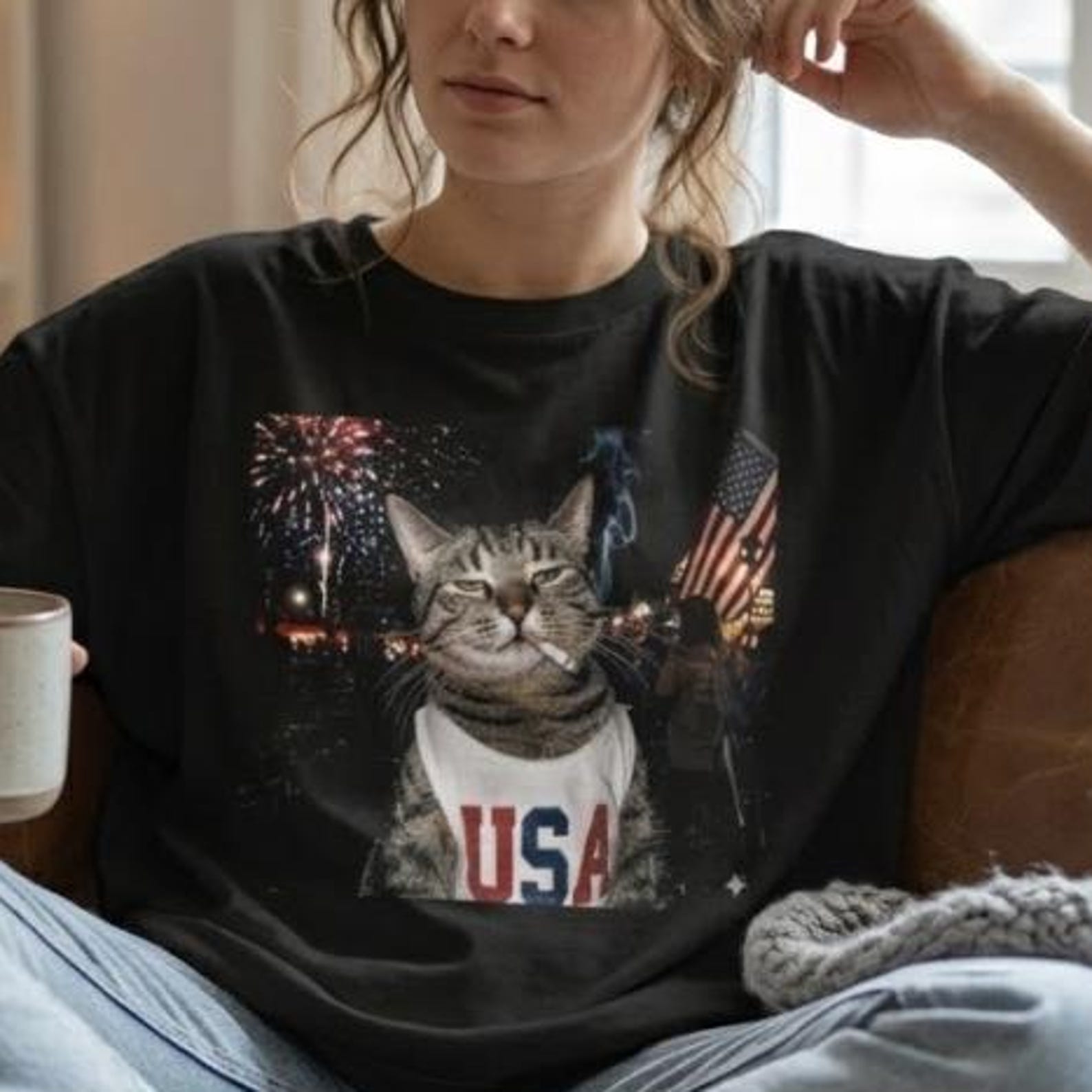 Funny USA CaT-Shirt, Patriotic Smoking Cat Tee, 4th of July Fireworks T-Shirt, American Flag Cat Top, Gildan 5000 Oversized Aesthetic M