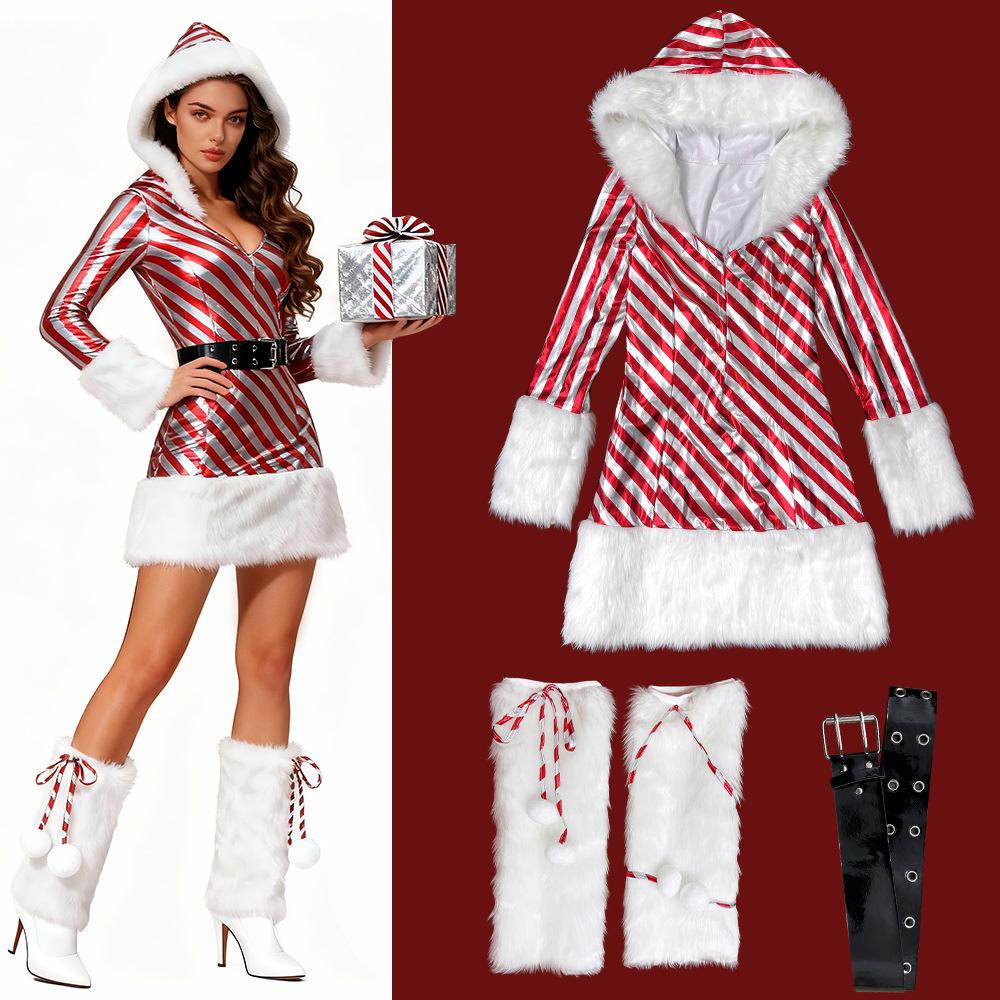 Striped Santa Costume Hooded Christmas Dress Sexy Skirt Costume Adult Cosplay M