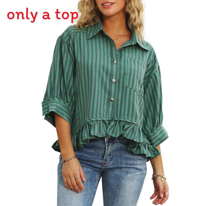 Womens Striped Blouse With Ruffle Hem And Print For Office Wear