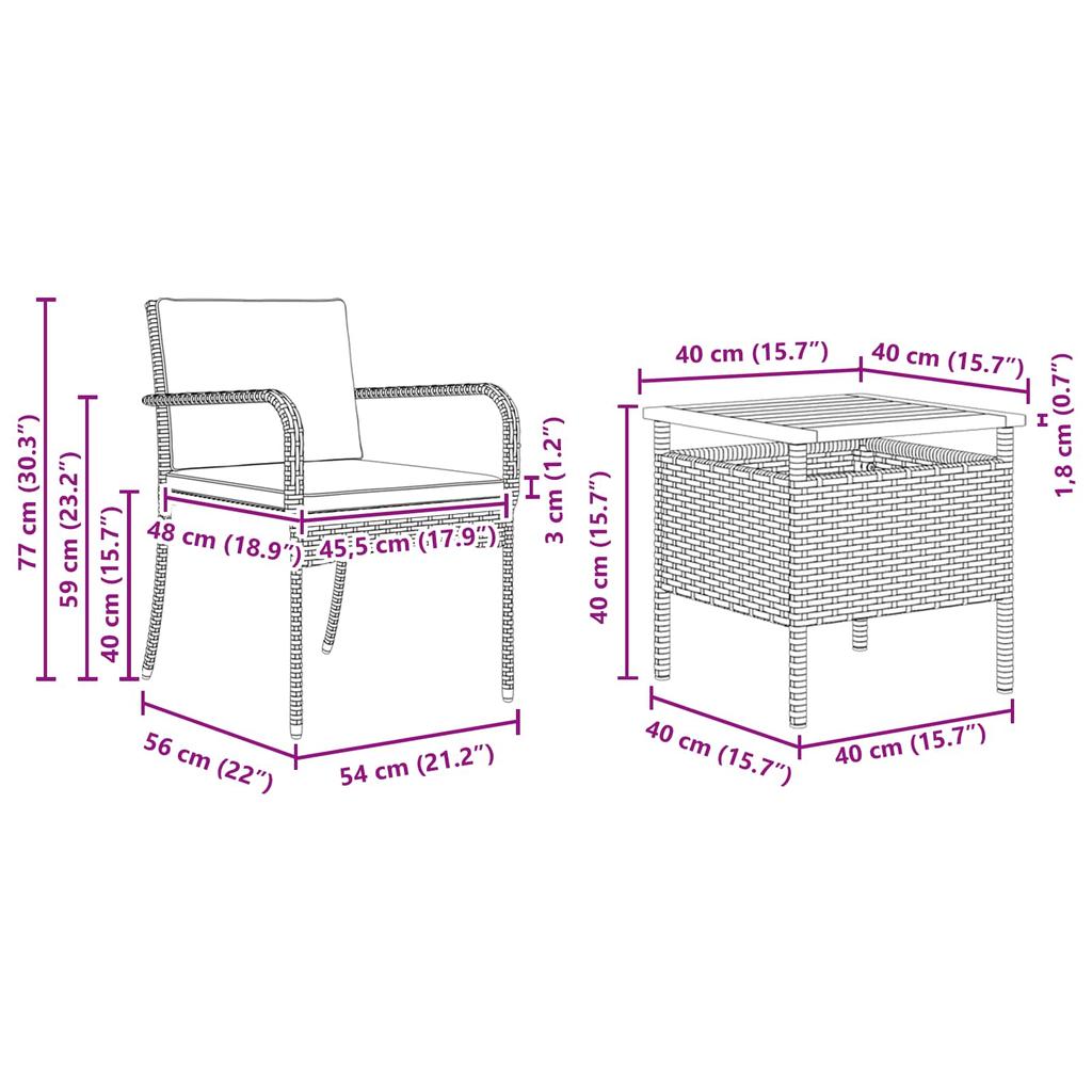 Garden Bistro Set with Cushions 3 Piece Grey Poly Rattan