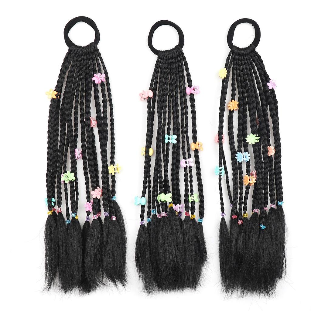 Short Dreadlocks Black Braided Ponytail Hair Extensions for Girls Colorful Beads Decorated Stylish Synthetic Hair Accessories Daily