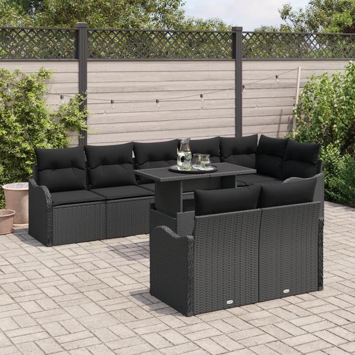 Ensemble de Canapé de Jardin en 9 pièces avec Coussins Noir Poly Rattan, Canapé de Jardin 2 Places avec Coussins Noir Poly 3348489