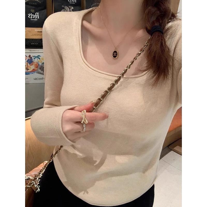 Curled Square Neck Leaking Collarbone Knitted Sweater Women's Spring Slim-fitting and Thin Inner Top, High-end Bottoming Shirt