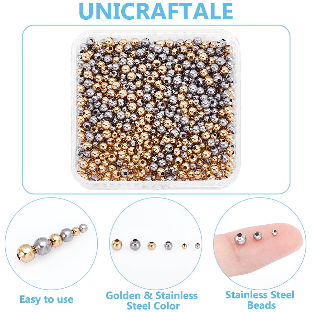 1set 1200pcs 6 styles 304 Stainless Steel Beads Round Mixed color 2~4x2~4mm Hole: 0.8~1.6mm 200pcs/style