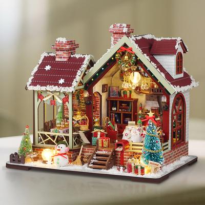DIY Wooden Warm Christmas Casa Figurines Miniatures Dollhouse Assembled Houses With Lights for Friends Gifts Home Decor Crafts