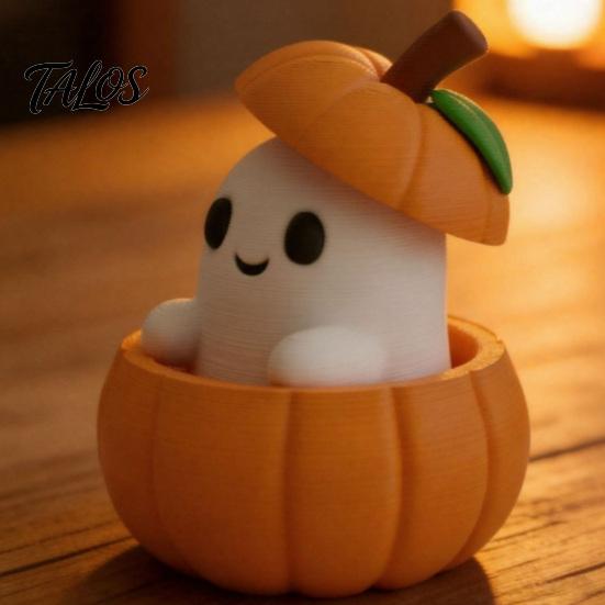 Small Ghost Ornament 3D Printed Pumpkin with Removable Figurine, Creative Halloween Desktop Miniature Figurine Decoration, Cute Statue for Home Office
