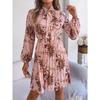New Elegant Floral Tie Waist Long Sleeve Pleated Skirt Women's Fashion Dresses