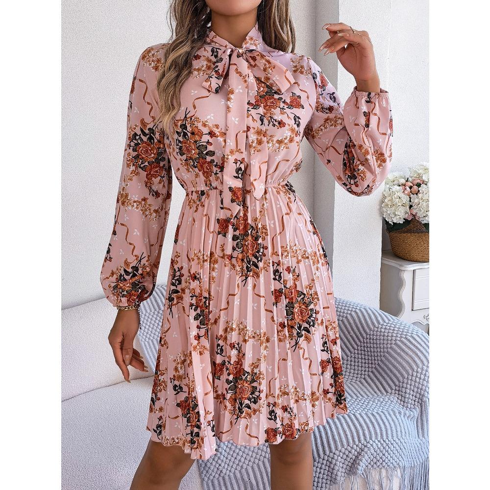 New Elegant Floral Tie Waist Long Sleeve Pleated Skirt Women's Fashion Dresses