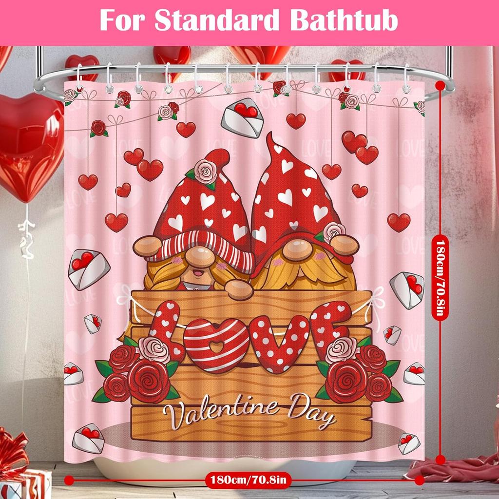 Nidoul Valentines Day Shower Curtain Gnome Valentine's Day Shower Curtain for Bathroom Valentine Romantic Red Heart Aesthetic Fabric Waterproof Cute