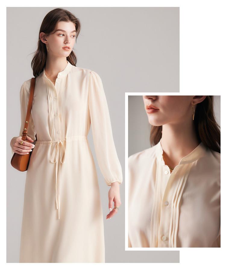 [100% Mulberry Silk] Xia Li collar tie waist slimming long-sleeved silk dress
