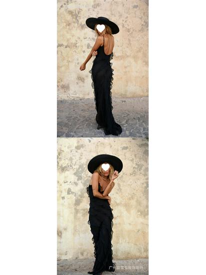European-American Backless Spaghetti Strap Wave Slim-Fit Slit Maxi Dress