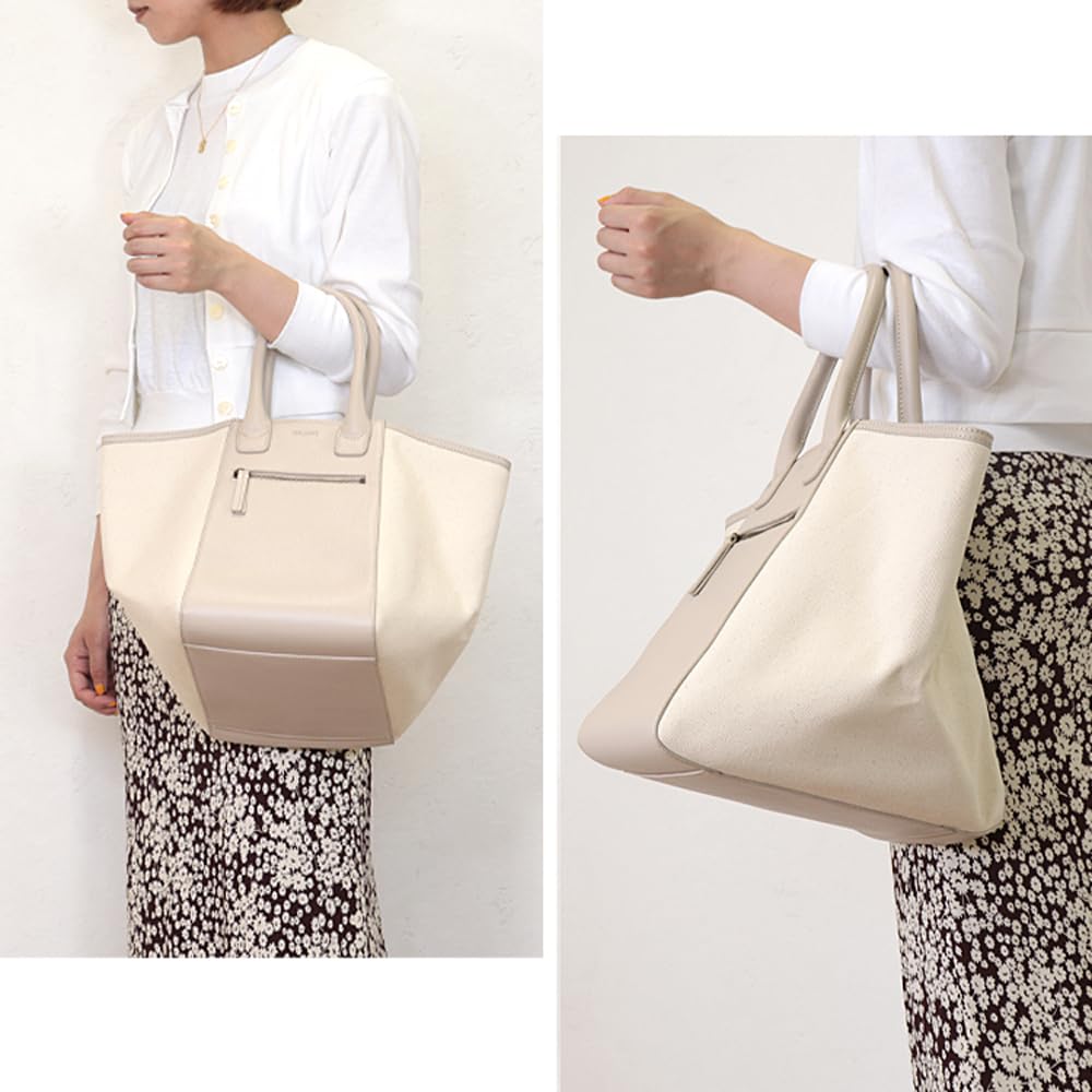 Swing Plus Leather Tote Genuine [SWINGPLUS] Bag, Handbag, Leather, Cotton, Canvas, Black, Ivory, Combination, M, L, Women's (Ivory, M)