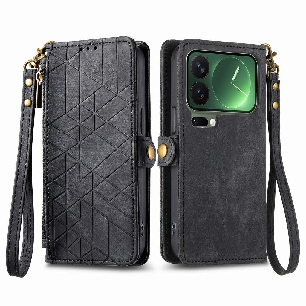 For Xiaomi 17 Pro Max Case Zipper Wallet Geometry Lines Leather Phone Cover with Strap