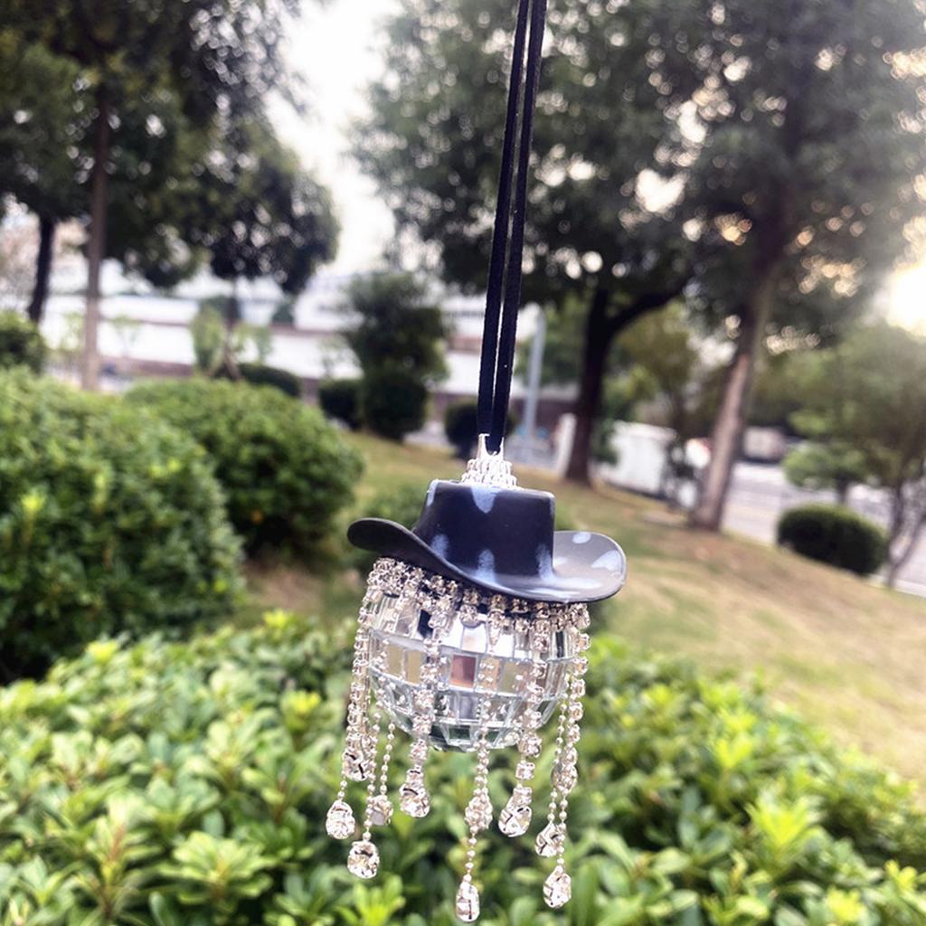 Kula Disco Ozdoba Lustra Samochodowego Kapelusz Kowbojski Kula Disco z Kryształowymi Chwostami Akcesoria Samochodowe Ozdoba do Zawieszenia na Drzewie Dekor