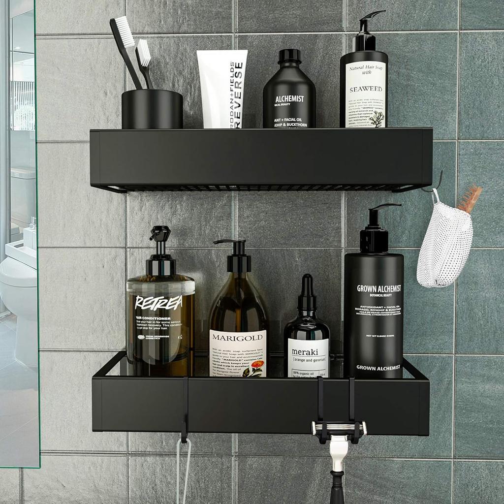 Shower Caddy, Adhesive Shower Organizer with Hooks, Shower Shelves for Inside Shower, No Drilling Shower Rack Holder, Shower Storage for Bathroom,