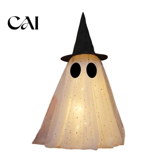 Halloween Party Table Centerpieces Ghost Decor, Spooky Sequin Mesh Fabric with Witch Hat/Bow, Soft Atmosphere Ornaments Small Standing Tabletop