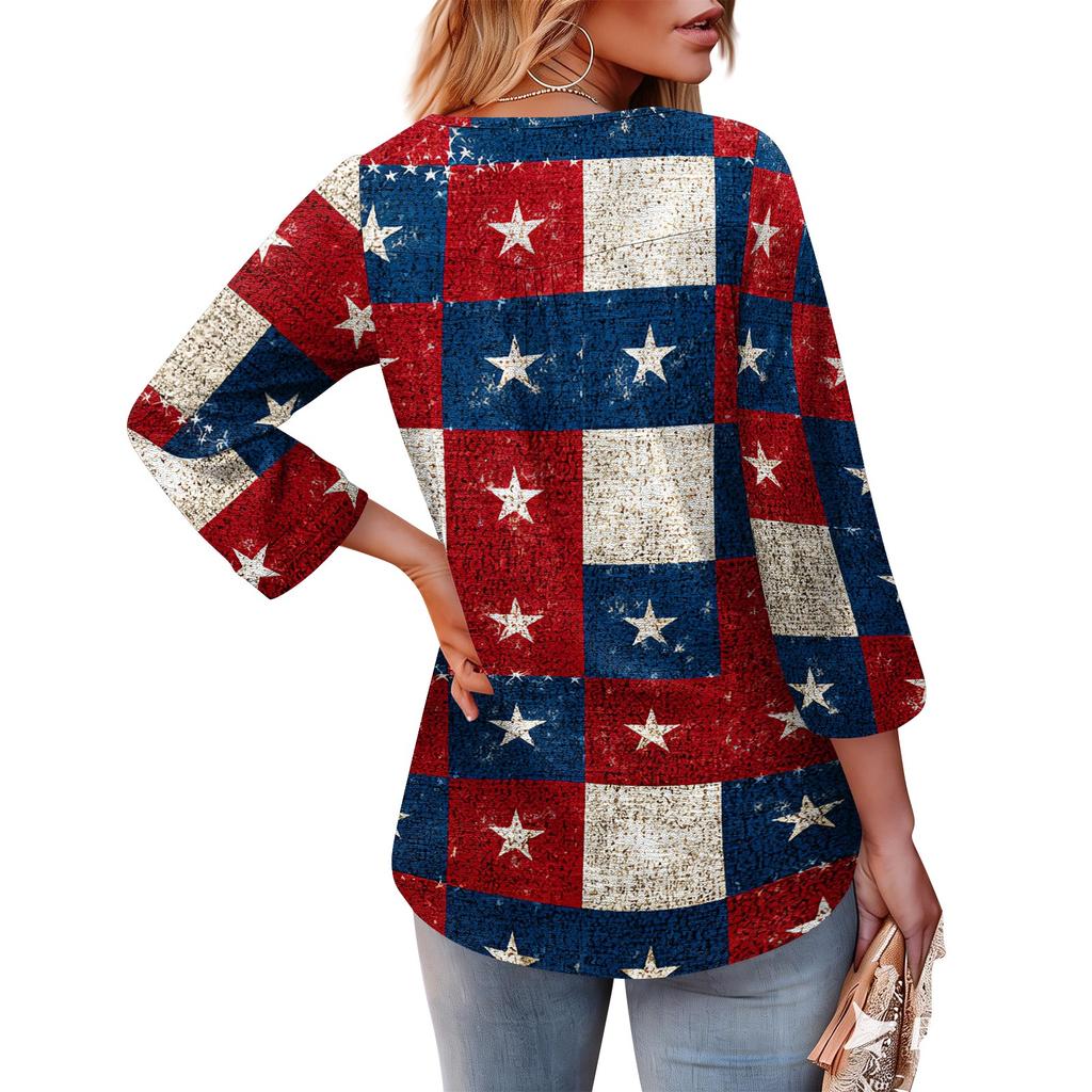 Womens Casual V Neck Three Quarter Sleeve T Shirt Top with Independence Day Inspired Print Loose Fit Lightweight Blouse for Daily Wear
