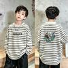 Korean Boys' Cotton Striped Long Sleeve T-shirt - Casual Loose Fit for Spring & Autumn
