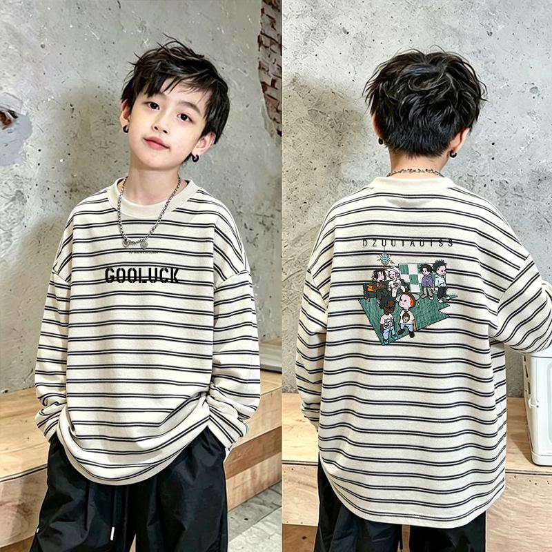 Korean Boys' Cotton Striped Long Sleeve T-shirt - Casual Loose Fit for Spring & Autumn