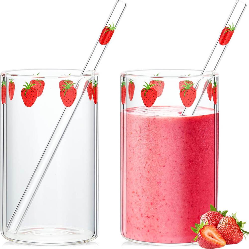 Cute Glass Strawberry Cups 300ML Straw Glass cups,Cute Strawberry Pattern Glass Bottles for Water Milk Tea,coffee Juice Tea Cups