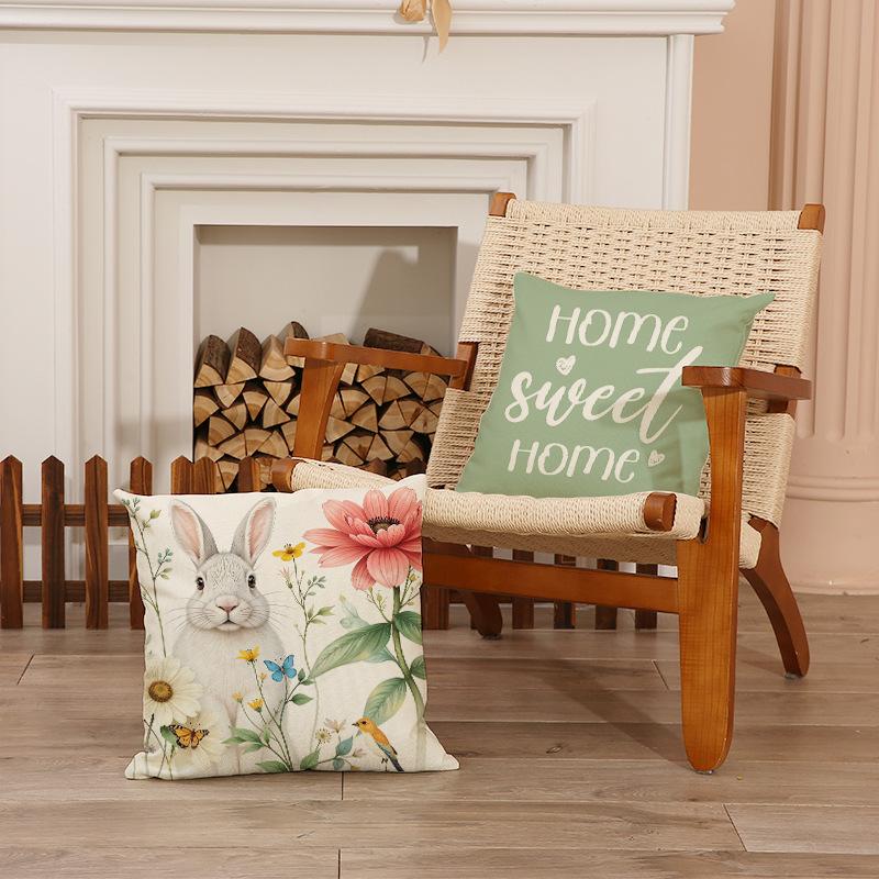 Easter Letter Print Pillowcase Plant Flower Holiday Decoration Square Pillowcase Cute Rabbit Pillow