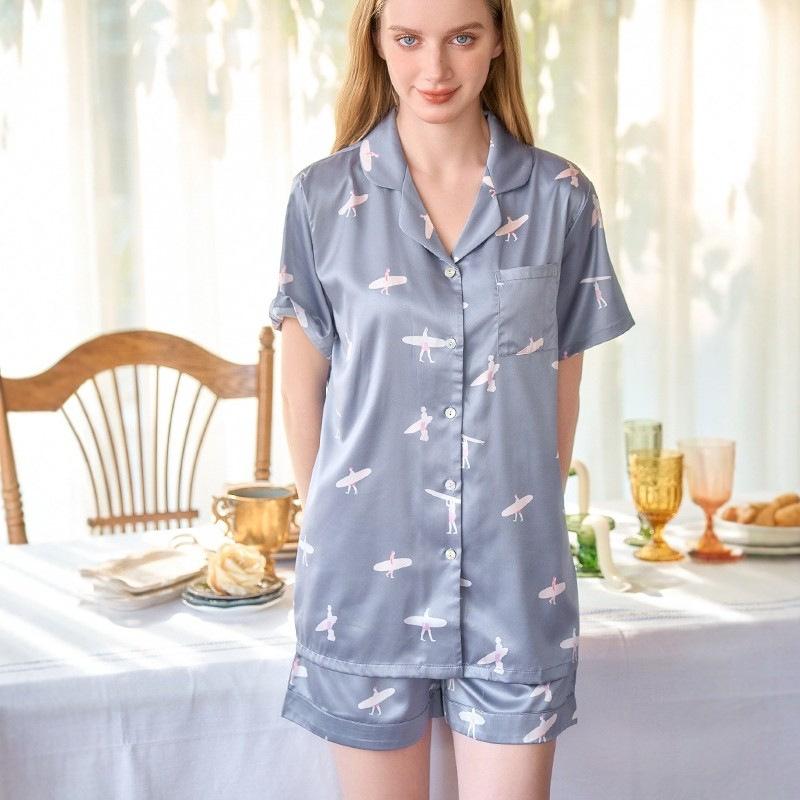 In stock, free shipping, matte silk loungewear, summer cardigan, plus-size breathable, comfortable, comfortable loose pajamas, short-sleeve pants