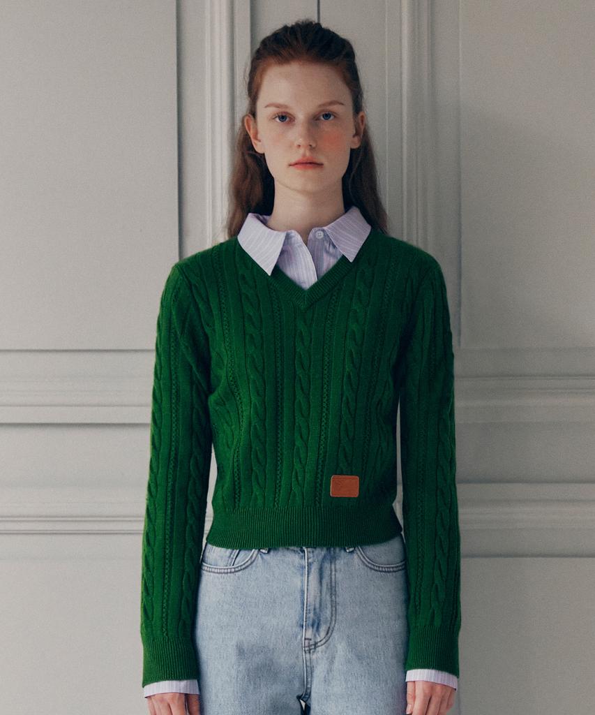 ROLAROLA V Neck Cable Label Knit Green