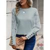 2024 Autumn Top European and American Solid Color Long Sleeve Embroidered Lace Splicing Waffle Round Neck Top Fashionabl Versatile