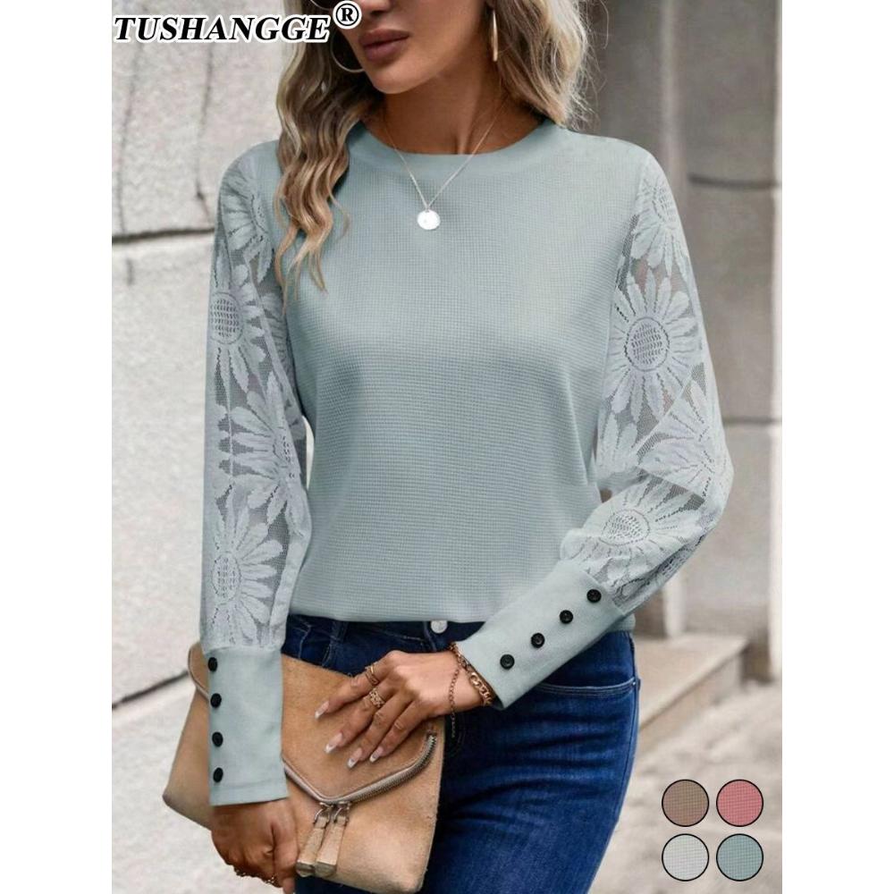 2024 Autumn Top European and American Solid Color Long Sleeve Embroidered Lace Splicing Waffle Round Neck Top Fashionabl Versatile