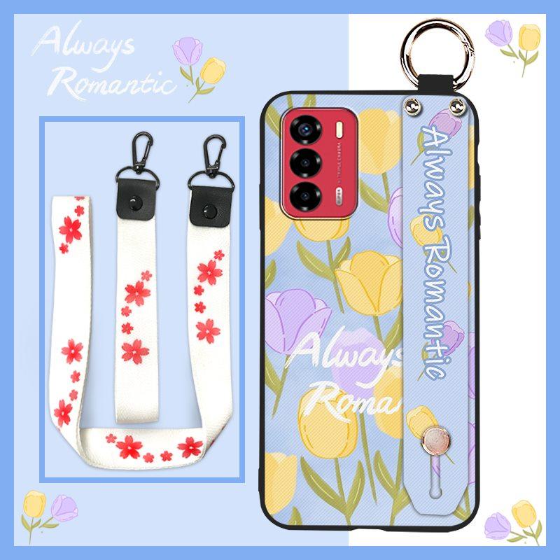 Durable Lanyard Phone Case For ZTE Blade V40 Vita/A72 Ring Anti-dust Fashion Design Silicone Kickstand Waterproof Flower