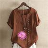 Women's Fashion Round Neck Short Sleeve T-shirt Casual Cotton Linen Graphic Shirt Flower Prined Summer Blouse Tops