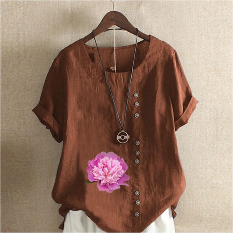 Women's Fashion Round Neck Short Sleeve T-shirt Casual Cotton Linen Graphic Shirt Flower Prined Summer Blouse Tops