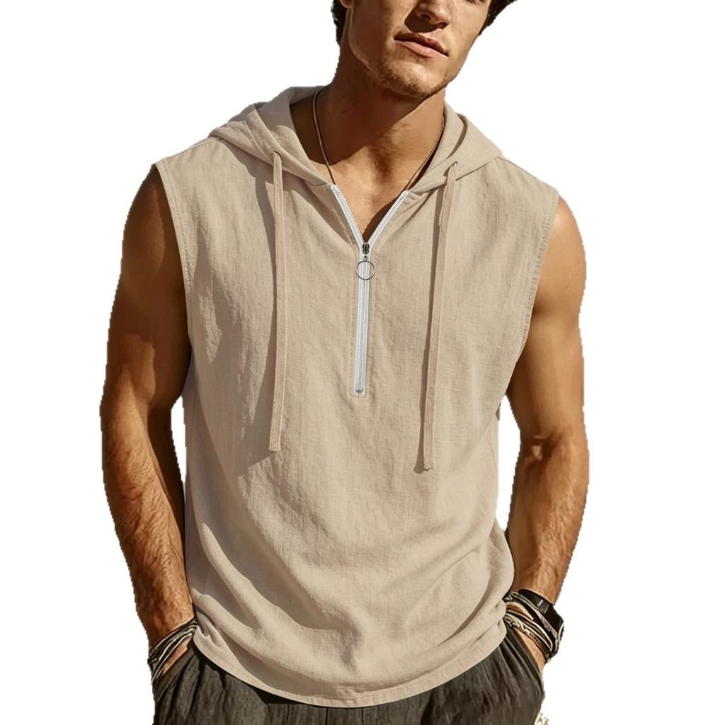Men's New Summer Fashion T-Shirt - Casual Hooded Solid Color Sleeveless Zipper Hawaiian Beach T-Shirt