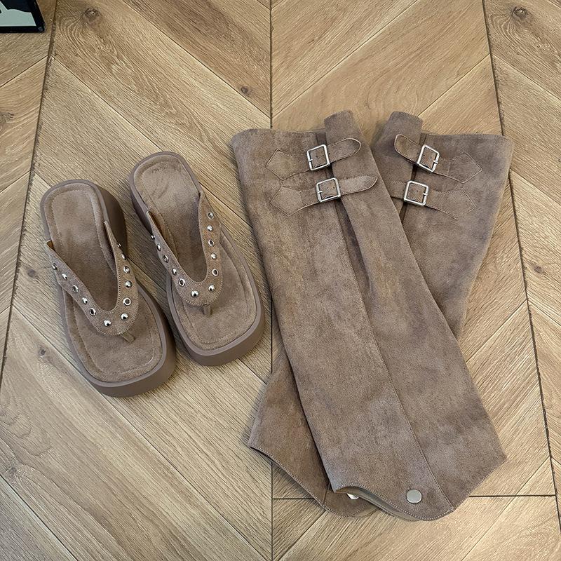 Women'S Summer Long Boots Wide Shaft Dual-Wear Rivet Sandals Flip-Flops Detachable High-Tube Knee-High Thick-Soled Summer Boots