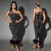 Fashion Women's Dress One Shoulder Mesh Diamond Feather Bandage Dresses