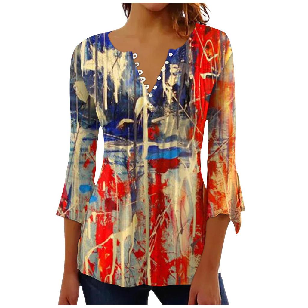 Button Down Top For Women Independence Day Print Tops Casual Bell 3/4 Sleeve V Neck Top